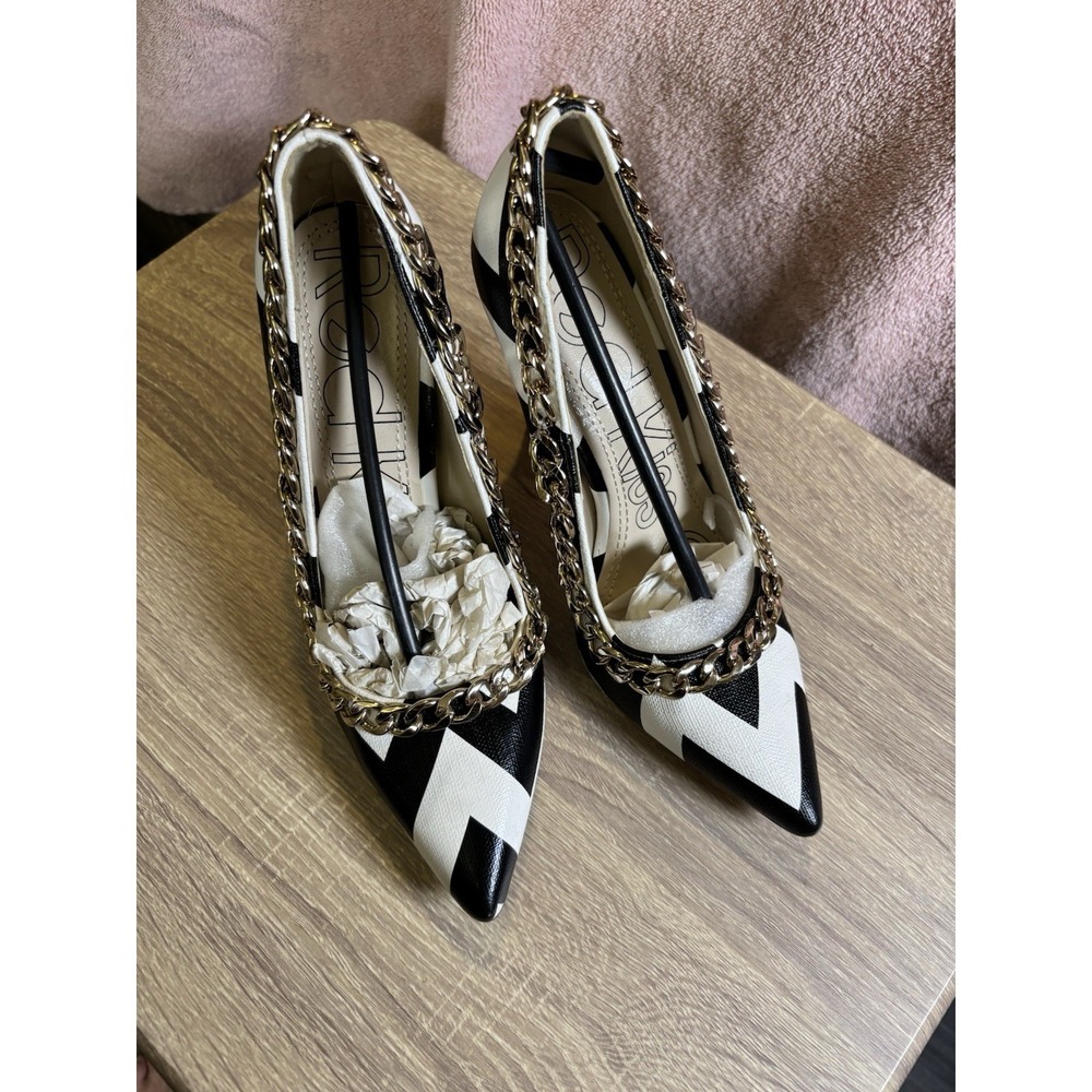 Red Kiss So Coco Pointed Toe High Heels Size 8 Black White Pattern Gold Chain